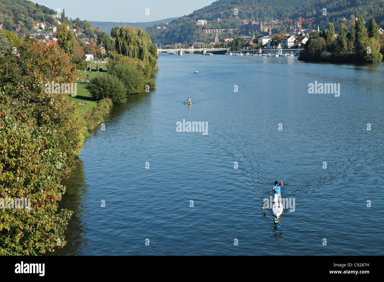 Menschen stehen auf Paddel-am Neckar, Heidelberg Baden-Württemberg Deutschland Stockfoto