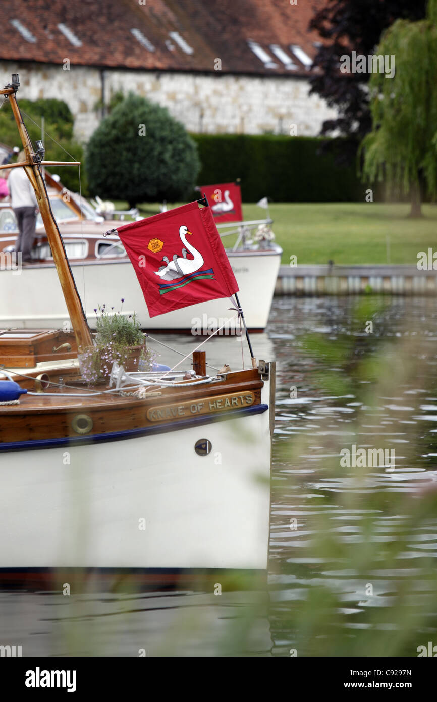 Ein Gefolge von Boote folgen der Swan-Oberteil hinunter den Fluß während Swan Upping, Themse, Henley, England Stockfoto