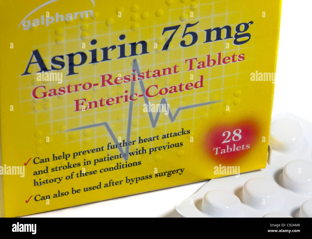 75 mg Aspirin-Tabletten verwendet, um Herzprobleme zu steuern Stockfoto