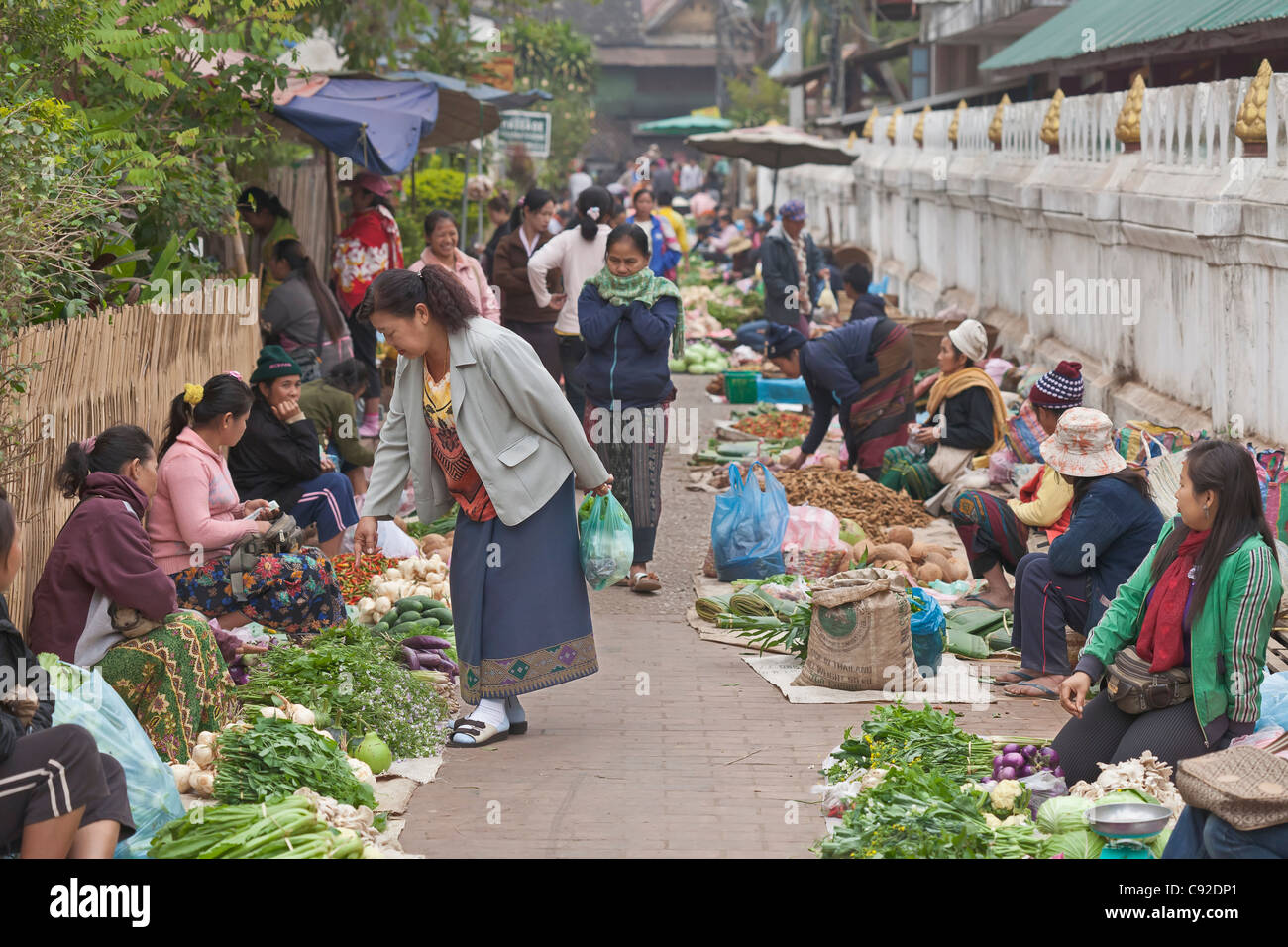 Gemüse & Früchte zum Verkauf an Morgenmarkt in Luang Prabang, Laos Stockfoto