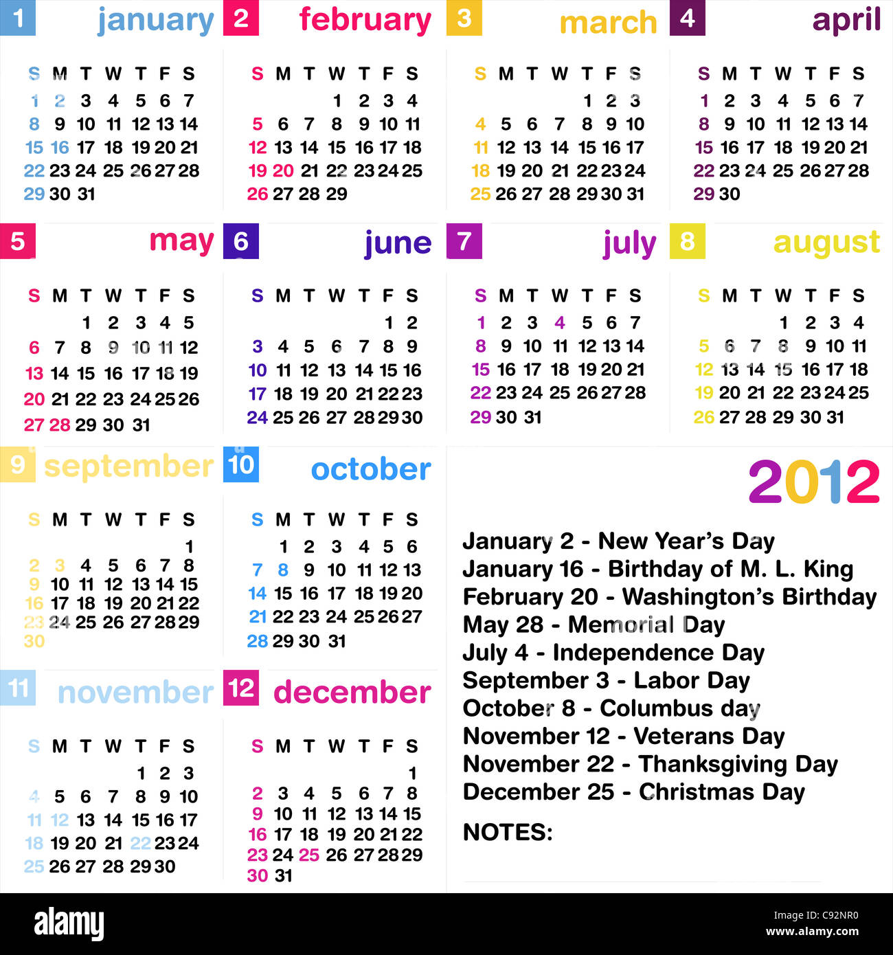 Kalender 2012 mit USA offizielle Feiertage, Wochen beginnen am Sonntag Stockfoto