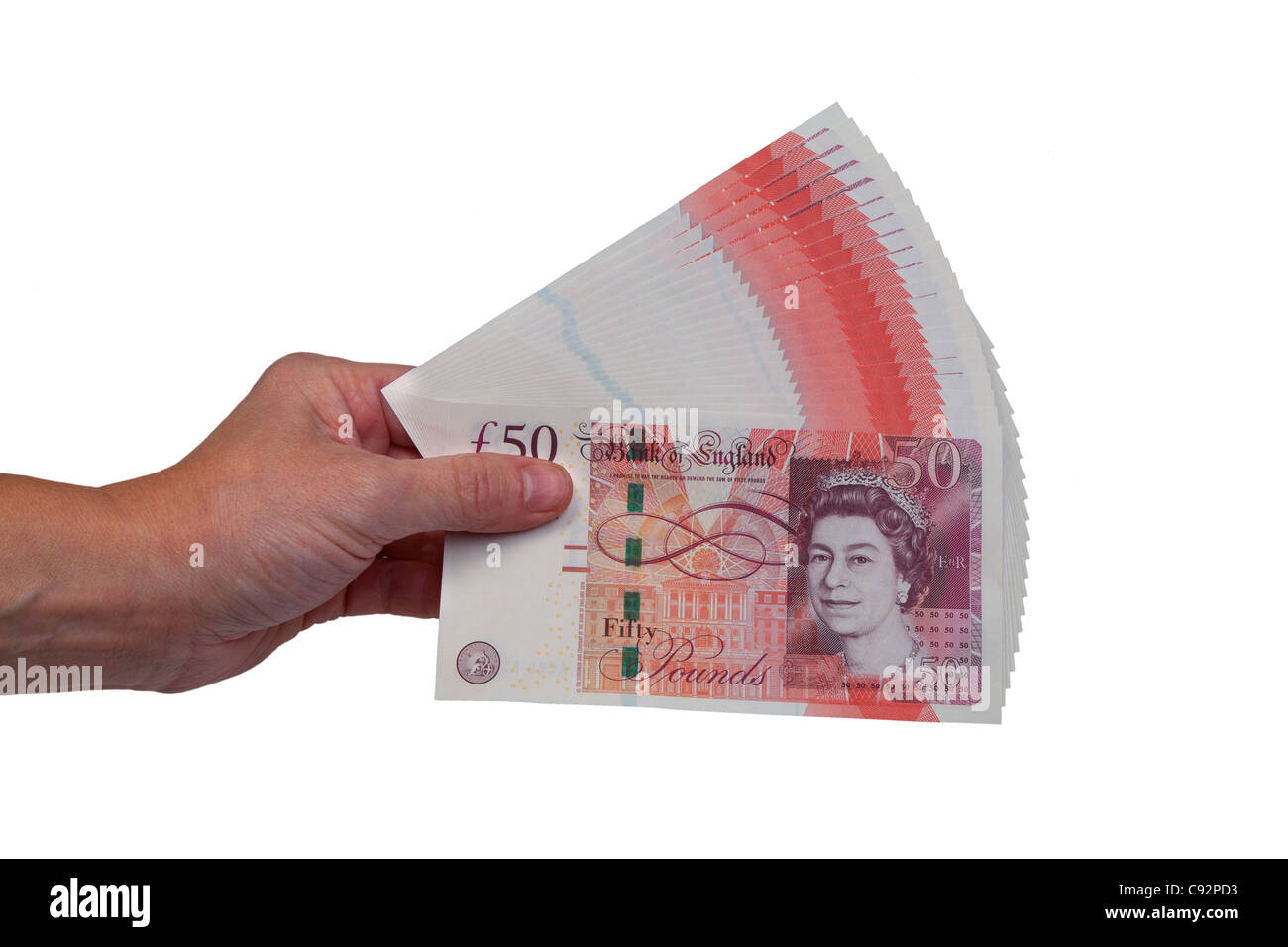 50 Pfund britische Währung Banknoten £50 in Bar in männlicher Hand gehalten Stockfoto