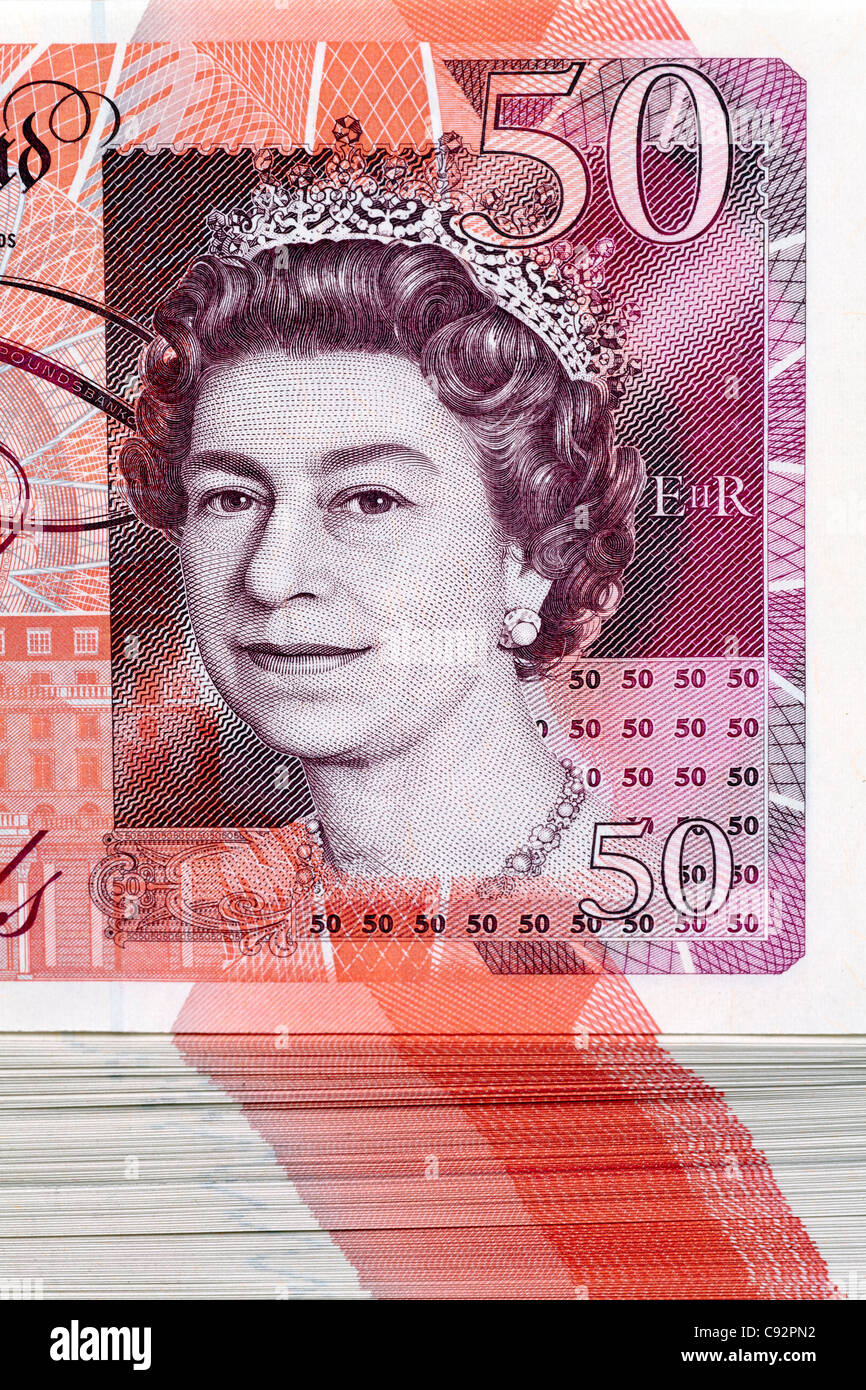 50 Pfund britische Währung Banknoten £50 Bar Nahaufnahme Queens Gesicht Stockfoto
