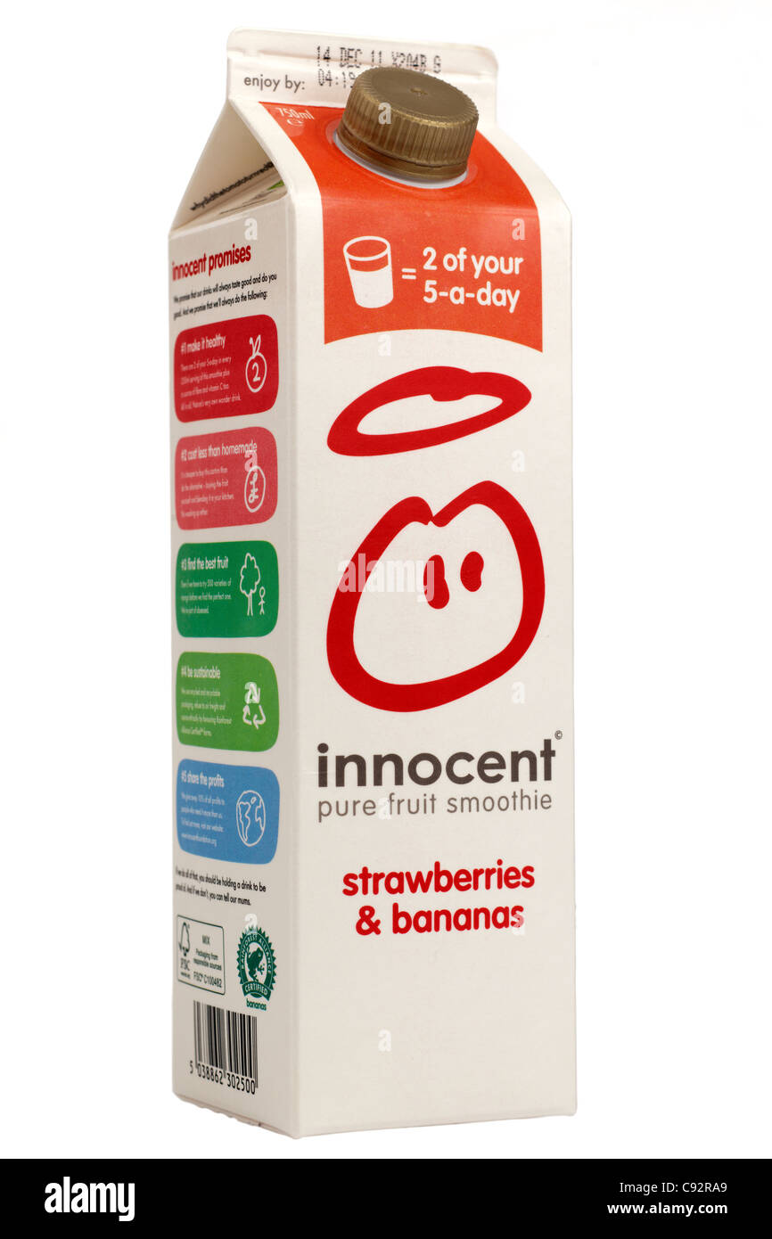 Karton mit unschuldigen Erdbeeren und Bananen Geschmack Stockfoto