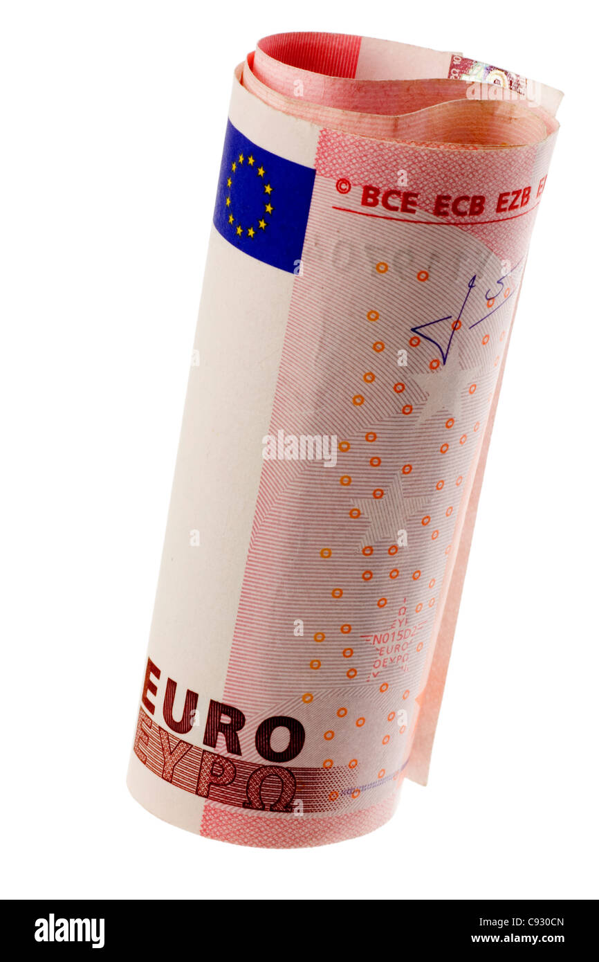 Gerollte Euro-Dollar-Noten isoliert auf weißem Hintergrund Stockfoto