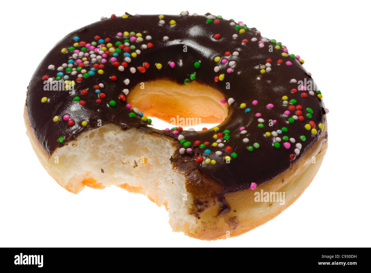 Donut mit einem Biss aus isoliert auf weißem Hintergrund Stockfoto