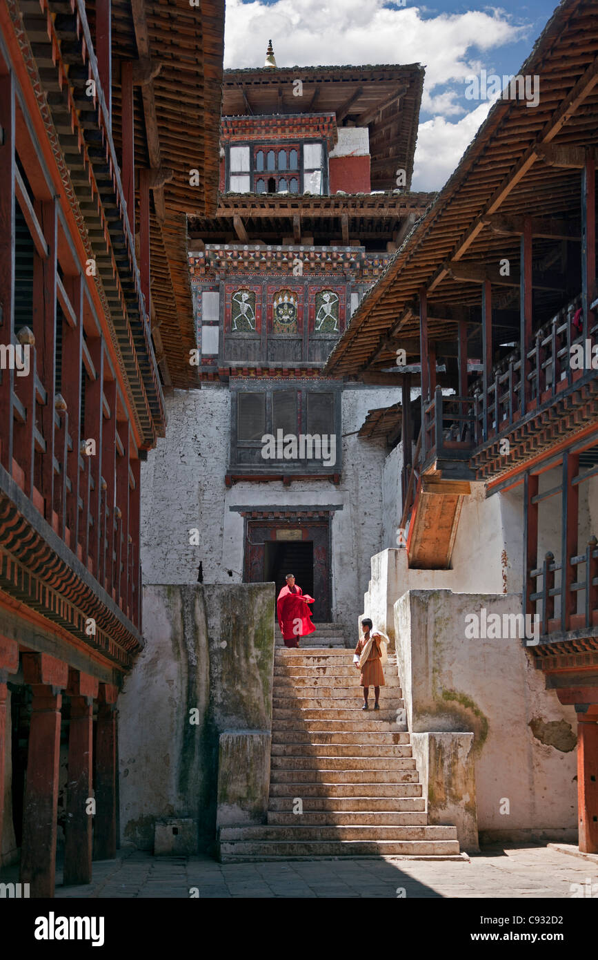 Das großartige Innere von Wangdue Phodrang Dzong (Festung). Stockfoto