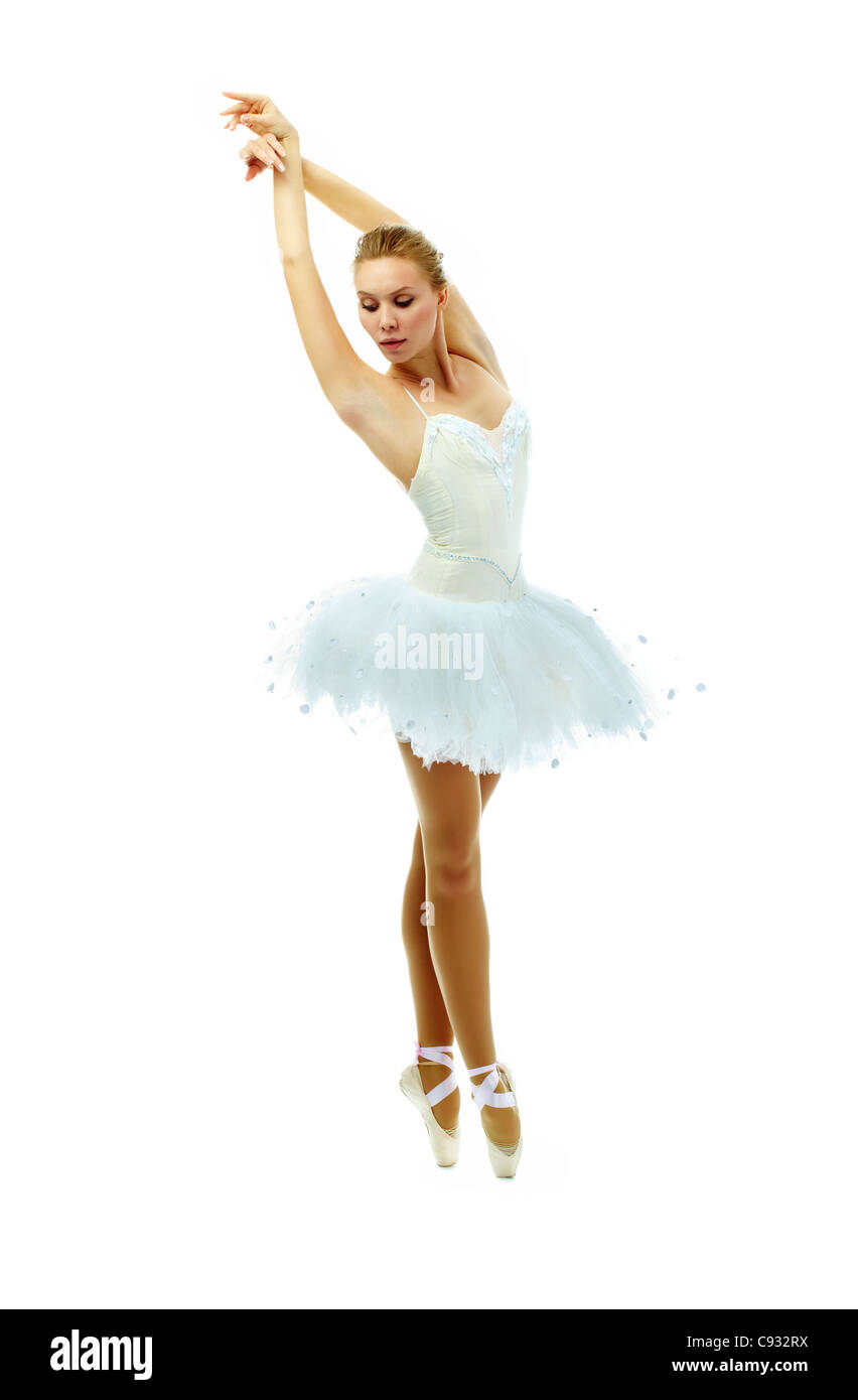 Porträt der charmanten Ballerina tanzen mit hob die Arme auf weißem Hintergrund Stockfoto