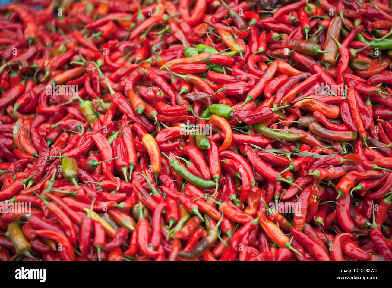 Rote Chilis zum Verkauf an Paro Freiluftmarkt, rote und grüne Chilischoten sind sehr wichtige Zutaten für bhutanesische Essen. Stockfoto
