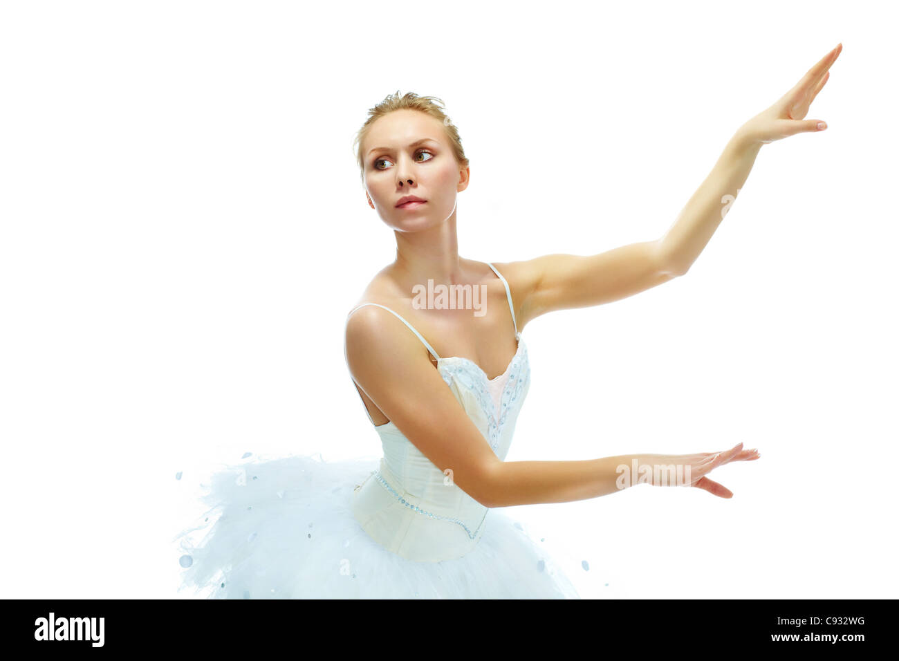 Porträt der anmutige Ballerina tanzen auf weißem Hintergrund Stockfoto