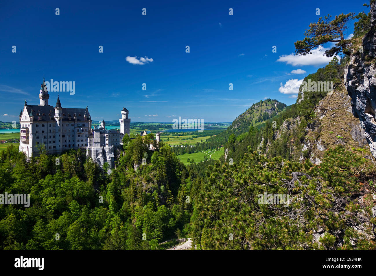 Schloss Neuschwanstein-Blick von der Marianbrucke, Hohenschwangau, Schwangau, Bayern, Deutschland. Stockfoto