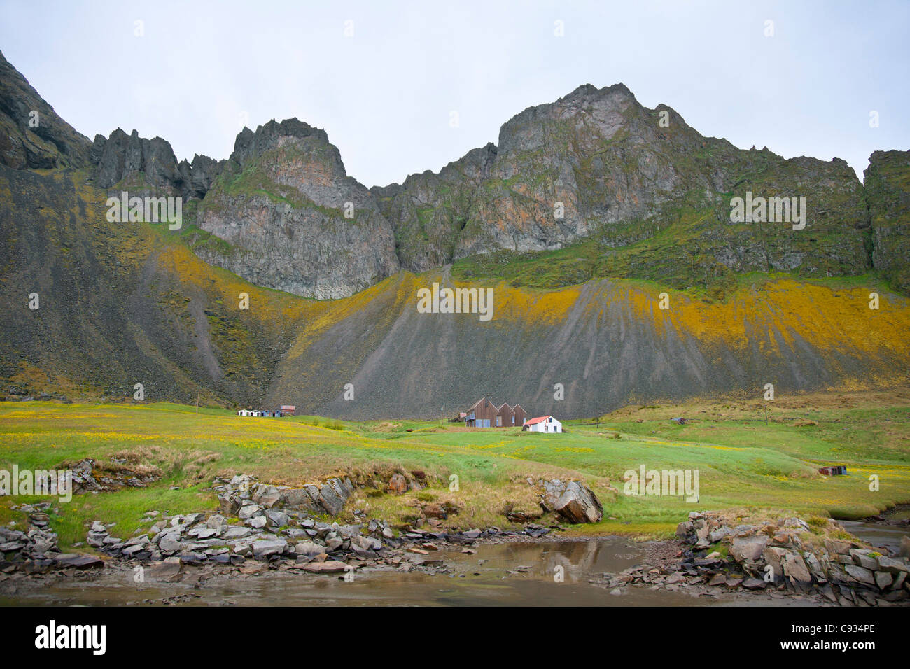 Ein Bauernhof am Fuße der vulkanischen Berge in der Nähe von Hofn. Stockfoto