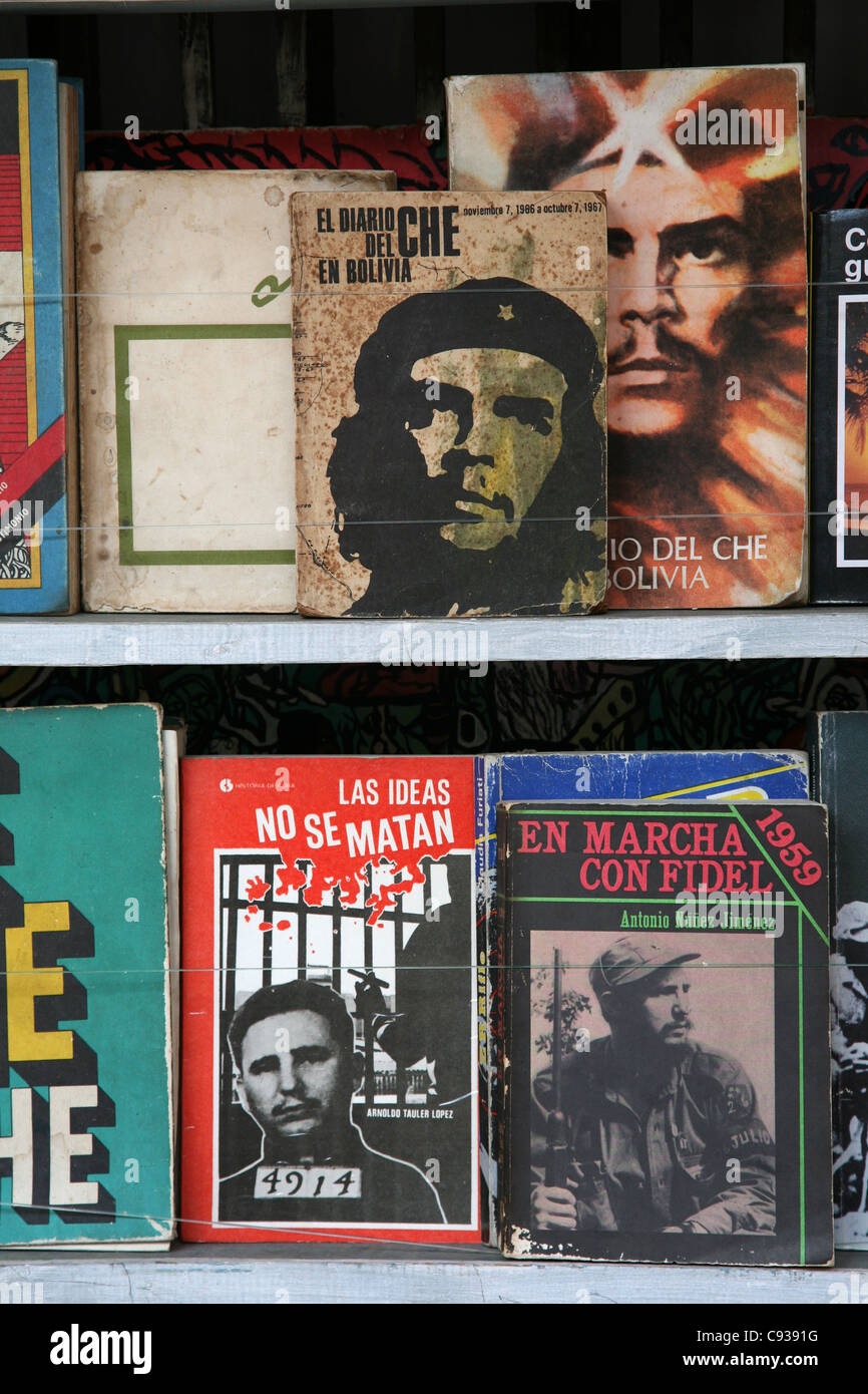 Bücher über Ernesto Che Guevara und Fidel Castro auf dem Buchmarkt am Plaza de Armas in Havanna, Kuba. Stockfoto