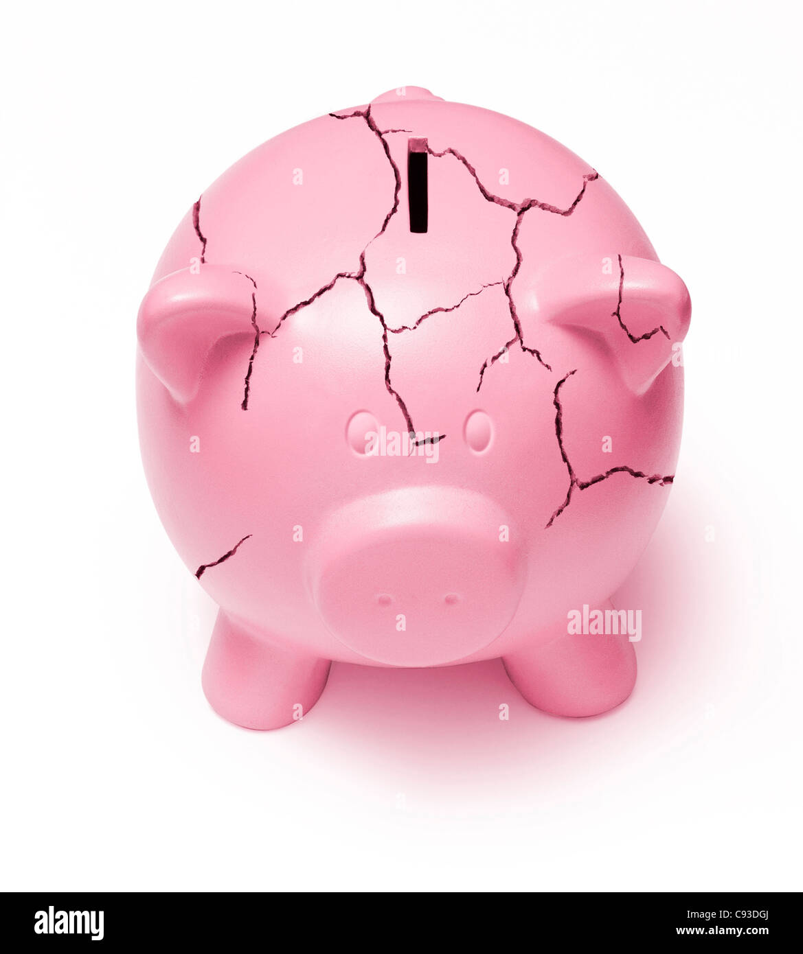 Rosa Sparschwein auf weißem Grund für den schlechten Zustand der Wirtschaft geknackt Stockfoto