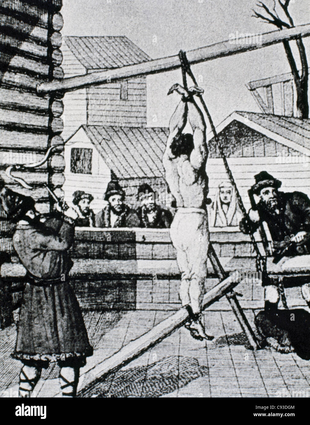 Geschichte Russlands. Leibeigenschaft. Bestrafung eines Sklaven mit der Peitsche. Gravur. 18. Jahrhundert. Stockfoto