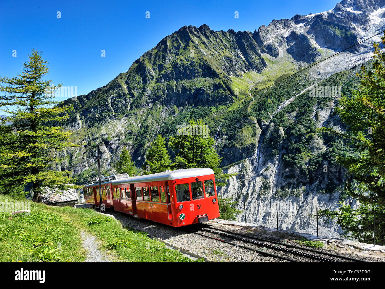 Historische Eisenbahn: le train du Montenvers, Chamonix, Frankreich. Stockfoto