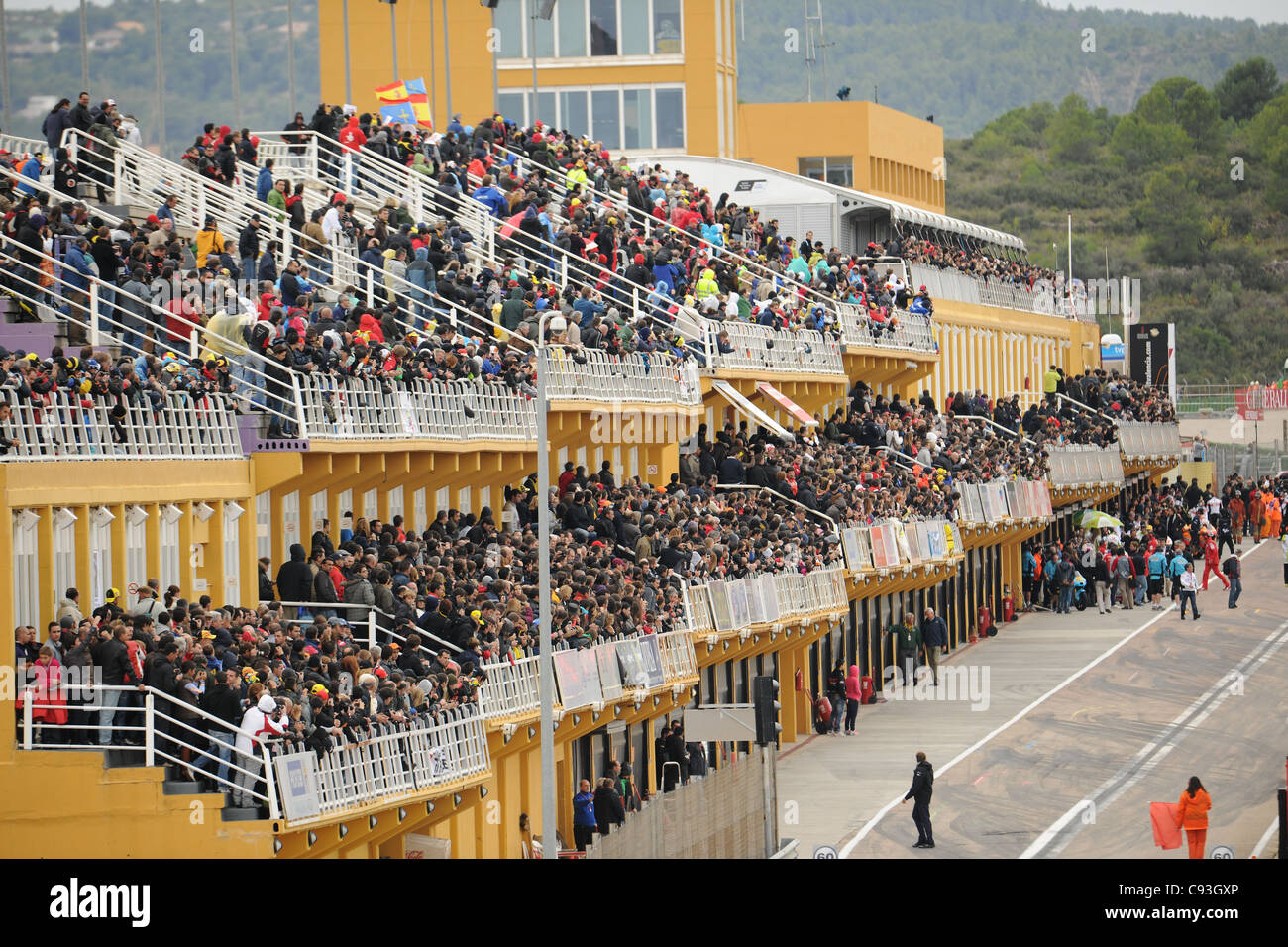 Boxengasse MotoGP in Valencia Stockfoto