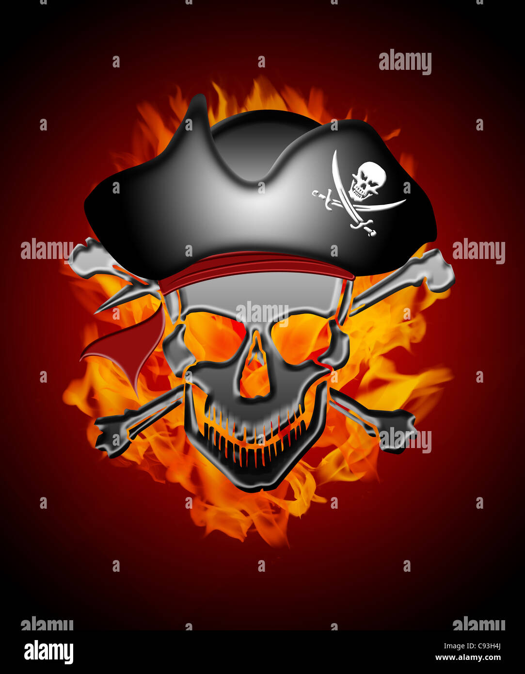 Piratenkapitän Schädel mit Feuer Flammen Hintergrund Illustration Stockfoto