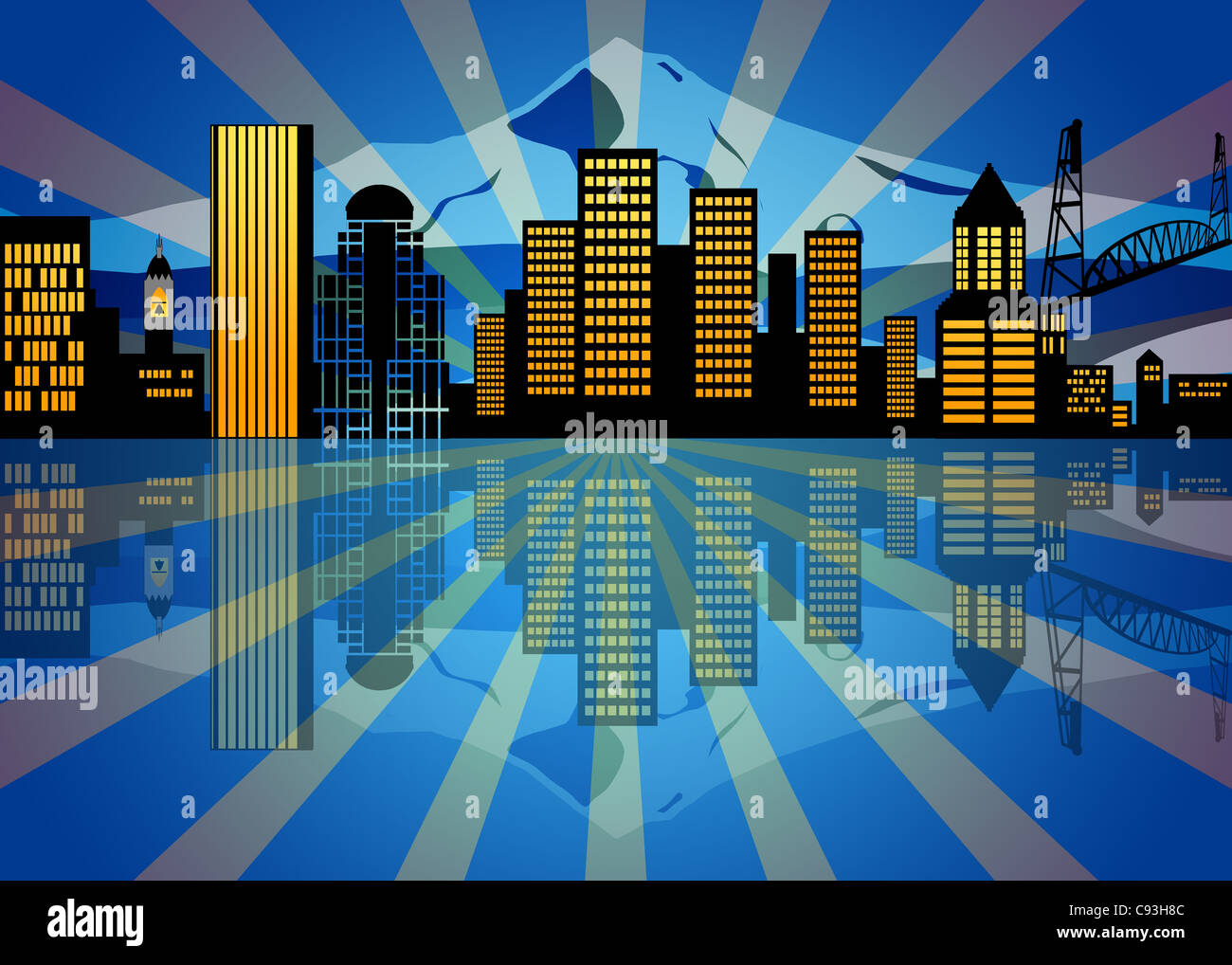 Reflexion von Portland Oregon City Skyline bei Nacht-Illustration Stockfoto