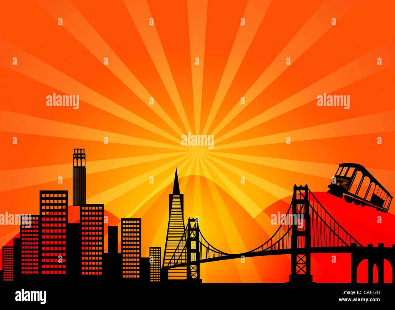 San Francisco Kalifornien Stadt Skyline und die Golden Gate Bridge Illustration Stockfoto