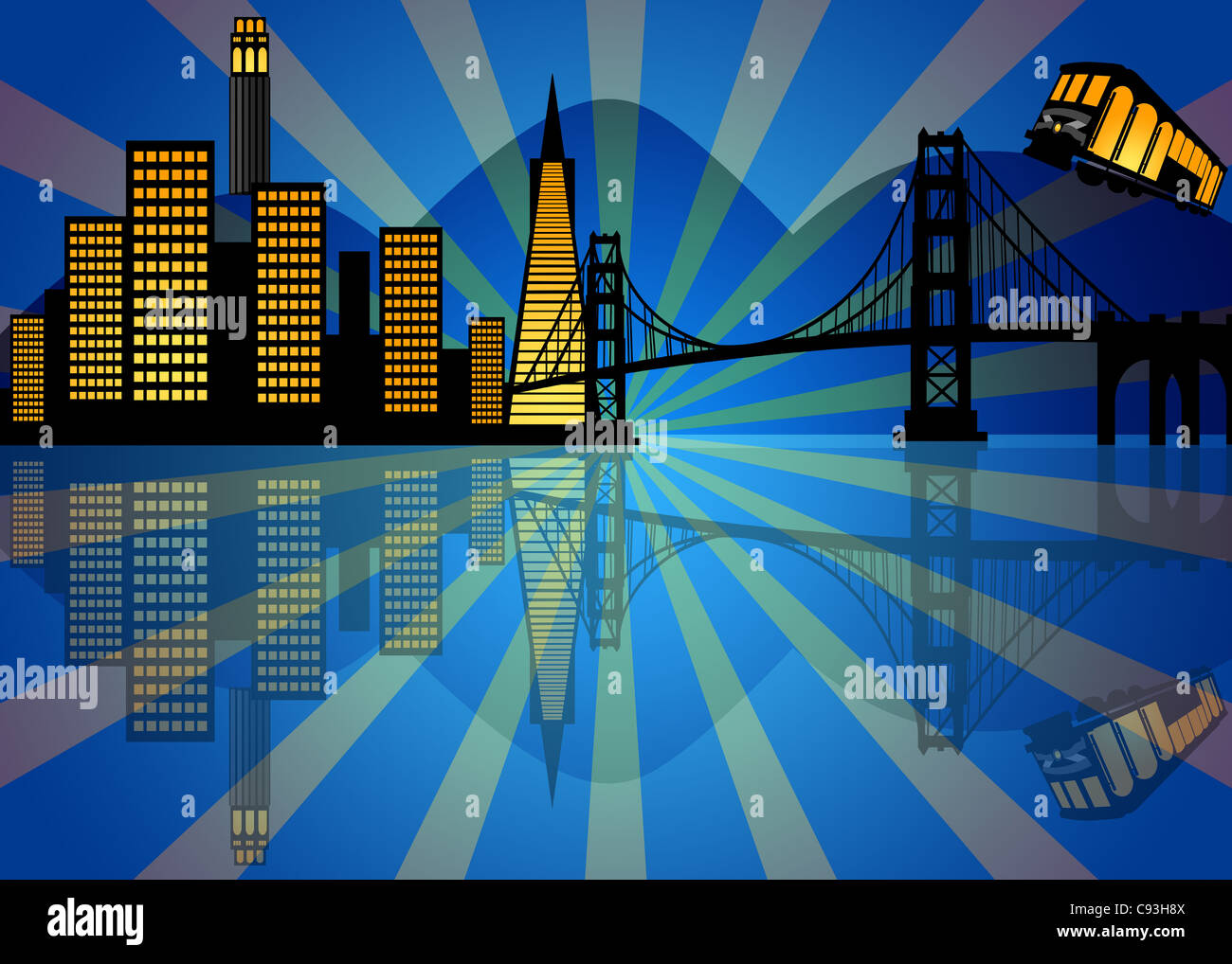 Reflexion der San Francisco City Skyline bei Nacht-Illustration Stockfoto