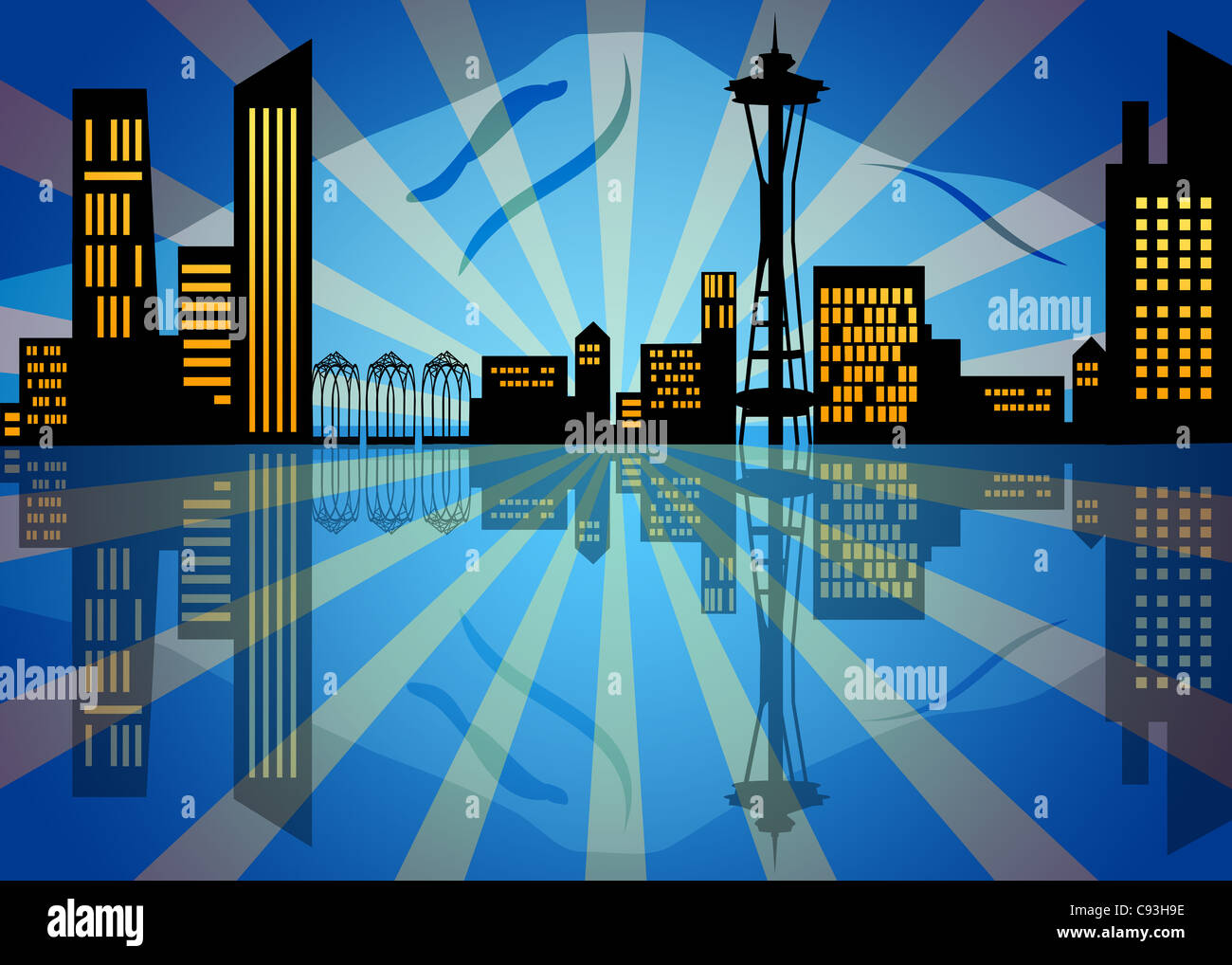 Reflexion von Seattle Washington Stadt Skyline bei Nacht-Illustration Stockfoto