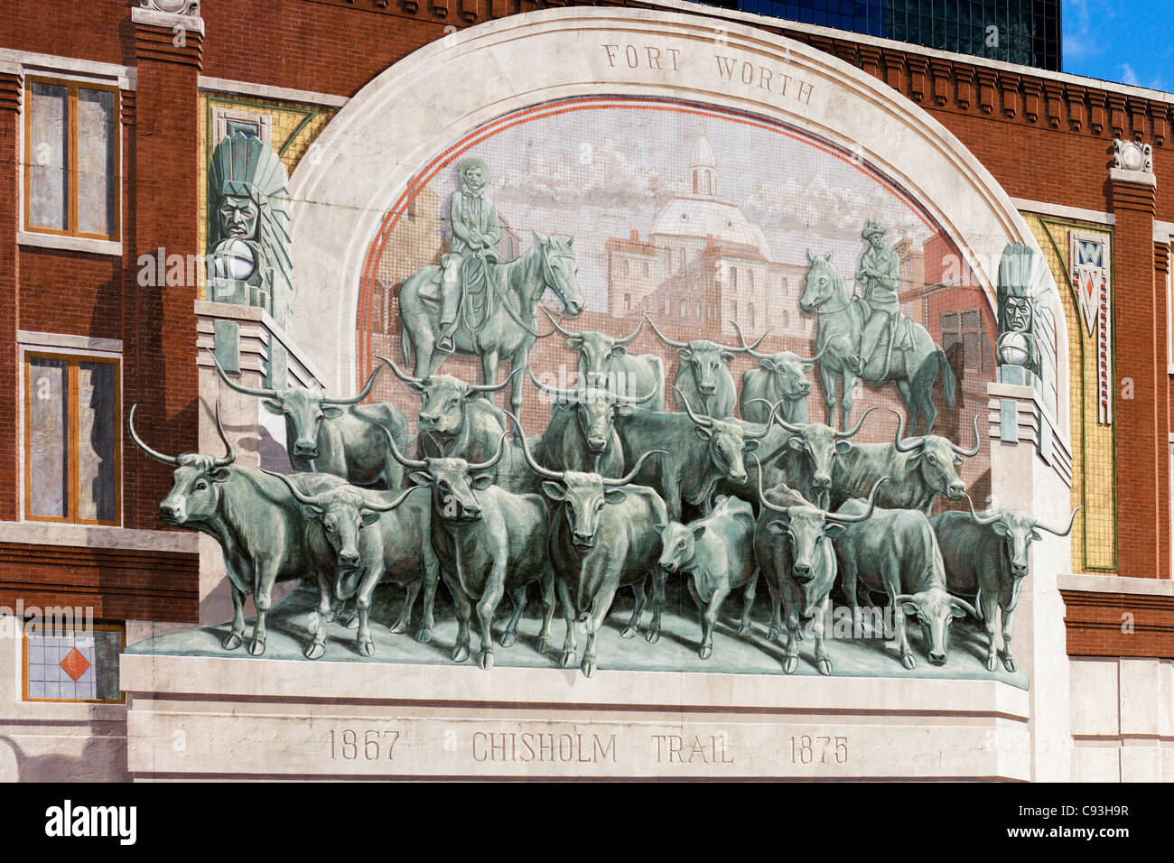 Das Chisholm Trail-Wandbild am Jett Gebäude, Main Street, Sundance Square Gegend, Fort Worth, Texas, USA Stockfoto