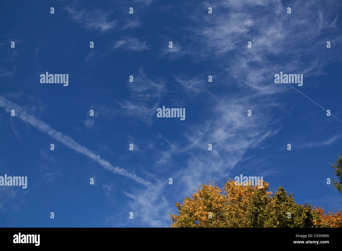 Cirrus Wolken und Kondensstreifen im Osten der USA Stockfoto