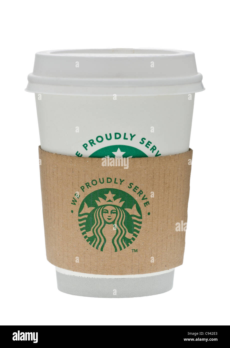Starbucks Kaffee mit Schutzhülle und zeigt neues logo Stockfoto