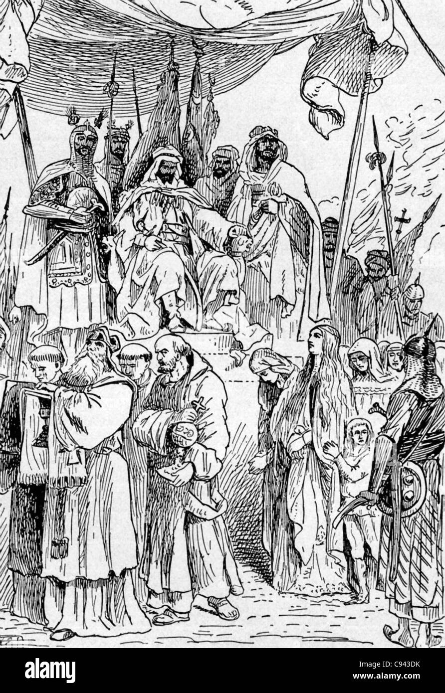 Nach der Eroberung von Jerusalem (1187) beobachtet Saladin, wie Christen Datei durch - er hatte zugestimmt, dass Christen sich erpressen könnte Stockfoto