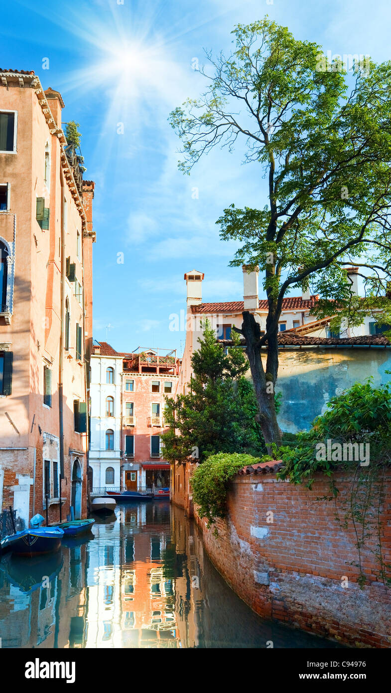 Schönen Sommer venezianischen Kanal anzeigen mit Baum, Sonnenschein, blauer Himmel und Reflexionen (Venedig, Italien) Stockfoto