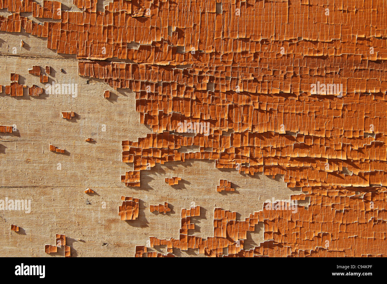 Hintergrund der Abplatzungen orange Hose auf einer Holzwand Stockfoto