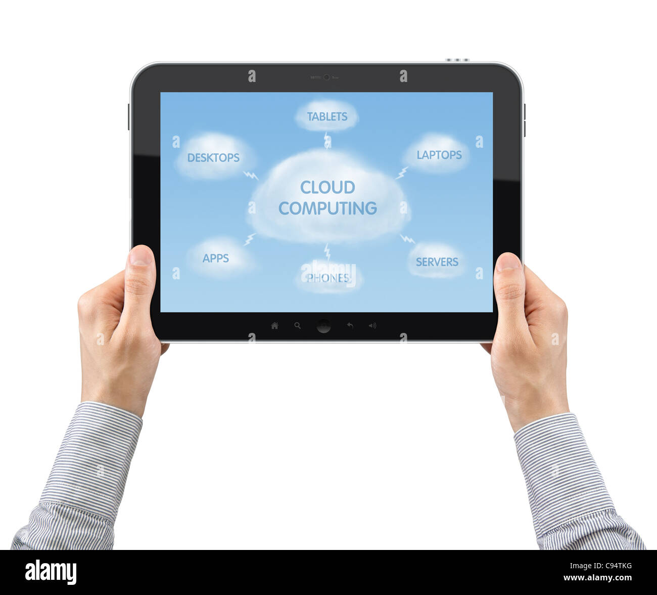 Geschäftsmann Hände halten die digitale-Tablette mit Illustration auf Cloud-computing-Thema. Isoliert auf weiss. Stockfoto