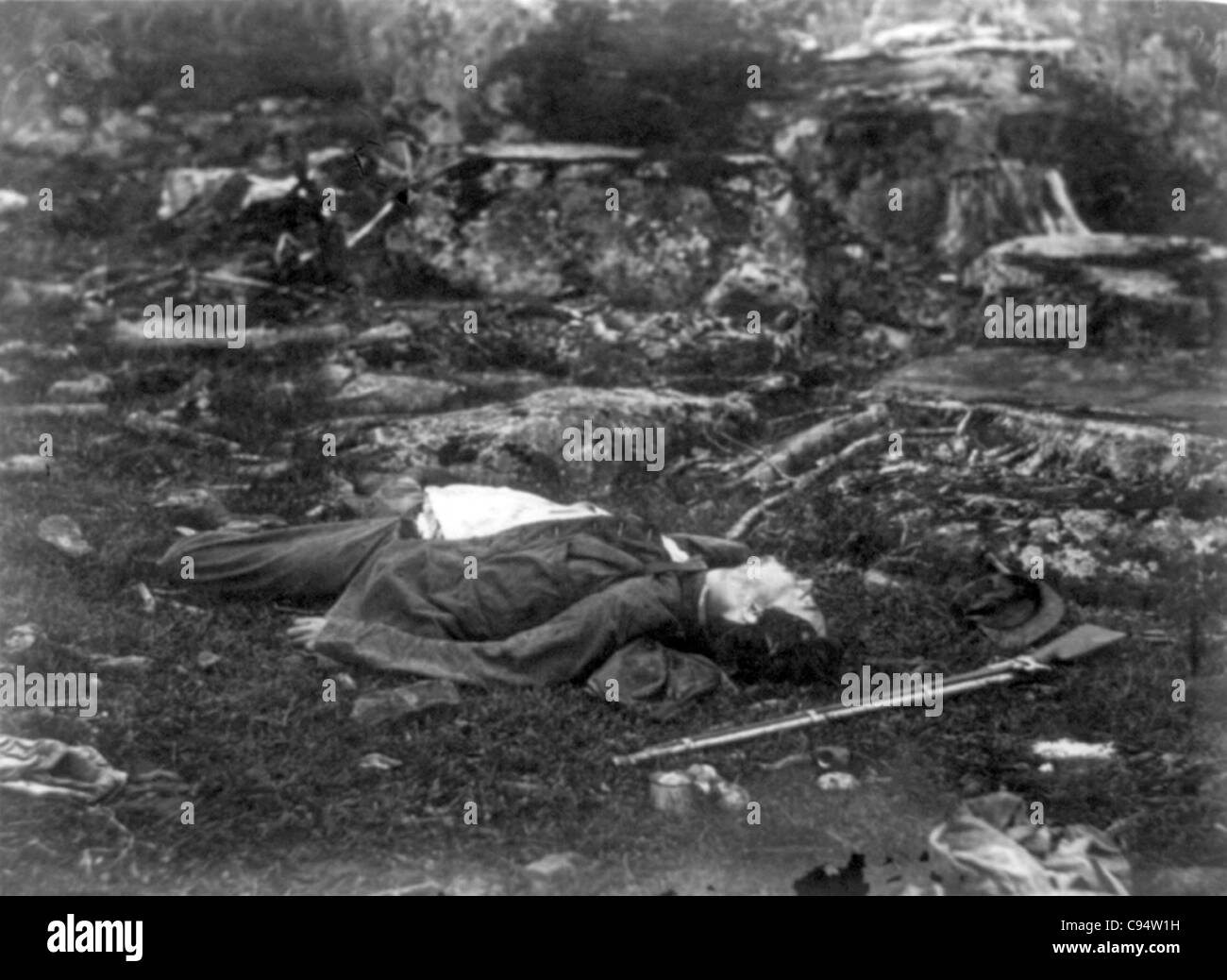 Toten Soldaten auf dem Schlachtfeld bei Gettysburg, Pennsylvania. Stockfoto