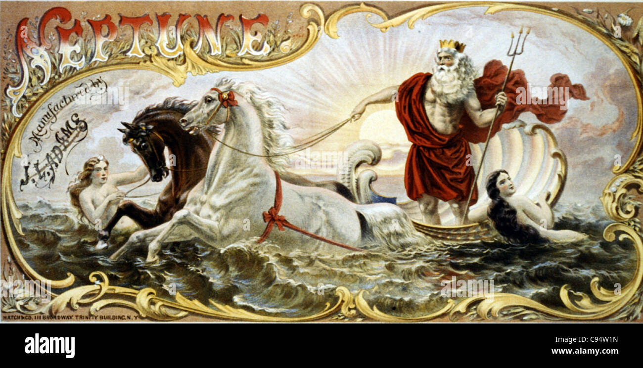 Neptun, 2 Nymphen und 2 Pferde ziehen Neptun durch Wasser Stockfoto