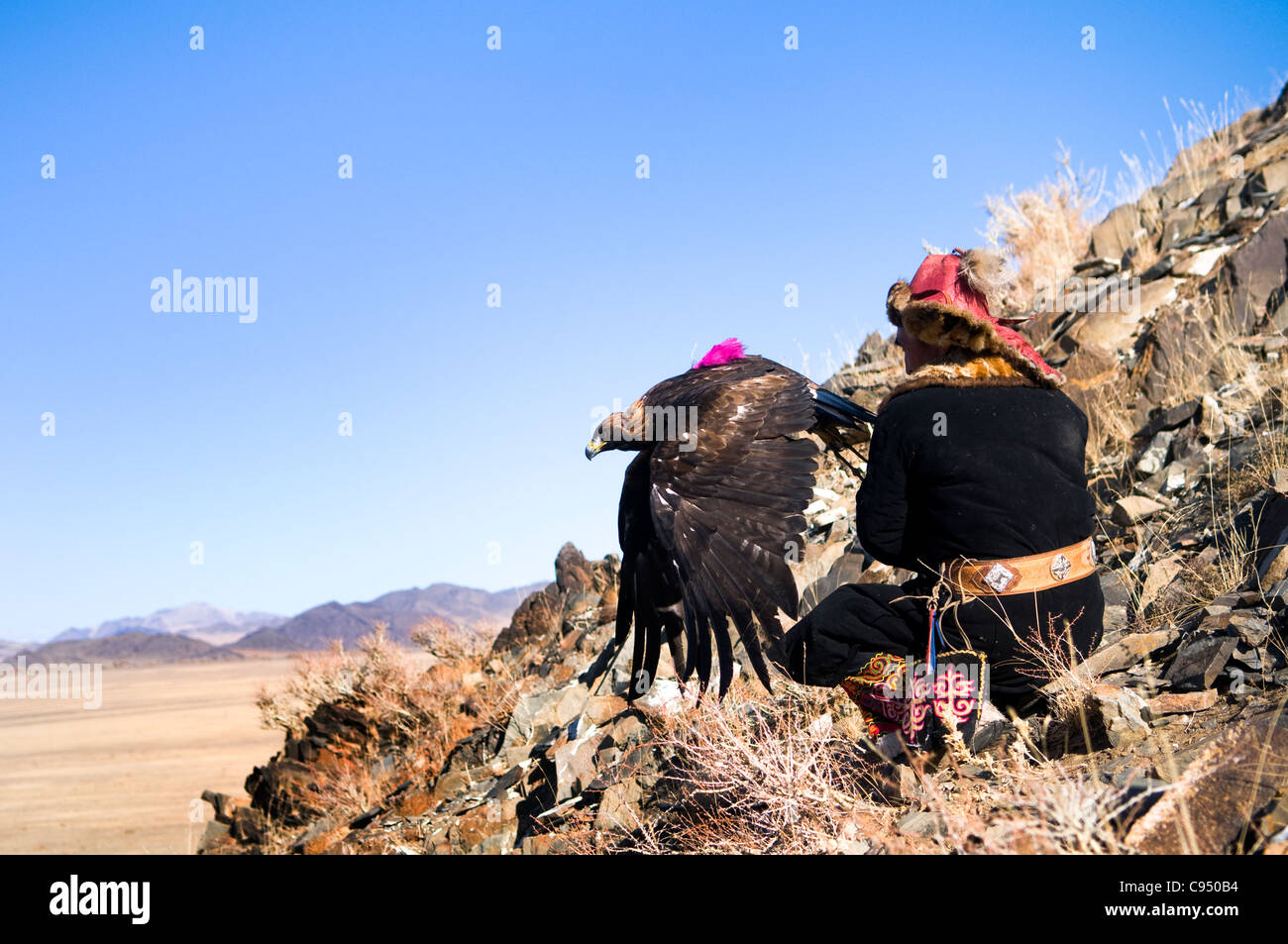 Kasachische Adler Jäger schickt seine Steinadler in der Altai-Region von Bayan-Ölgii in der westlichen Mongolei zu fliegen. Stockfoto