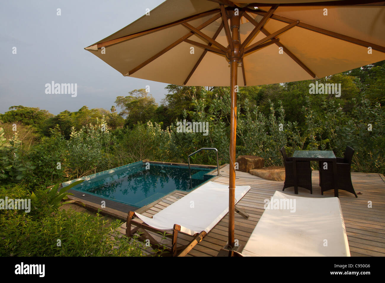 Whirlpool und Tauchbecken Privatpool im Ulagalla Resort luxuriöse tropische Art Boutique-Hotel befindet sich am Thirappane, Sri Lanka. Stockfoto
