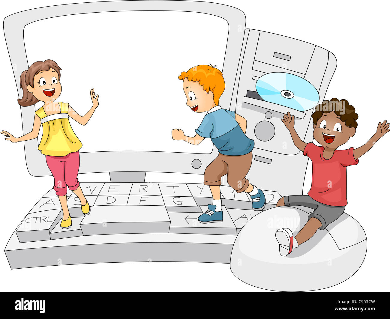 Illustration der Kinder mit einem riesigen Computer spielen Stockfoto