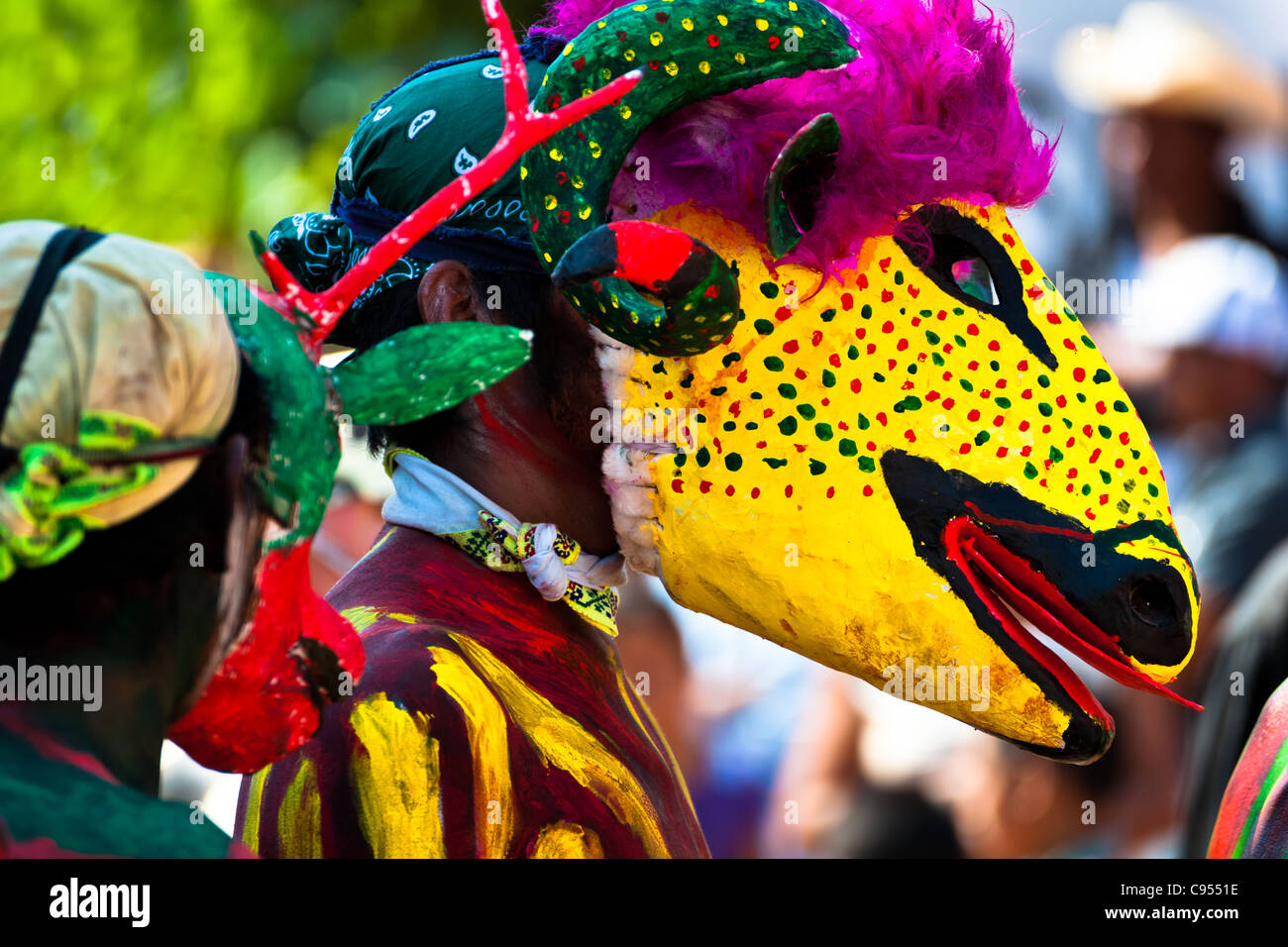 Ein Cora indischen Mann, trägt eine bunte Dämonenmaske, beteiligt sich an der heiligen Zeremonien der Karwoche in Jesús María, Mexiko. Stockfoto