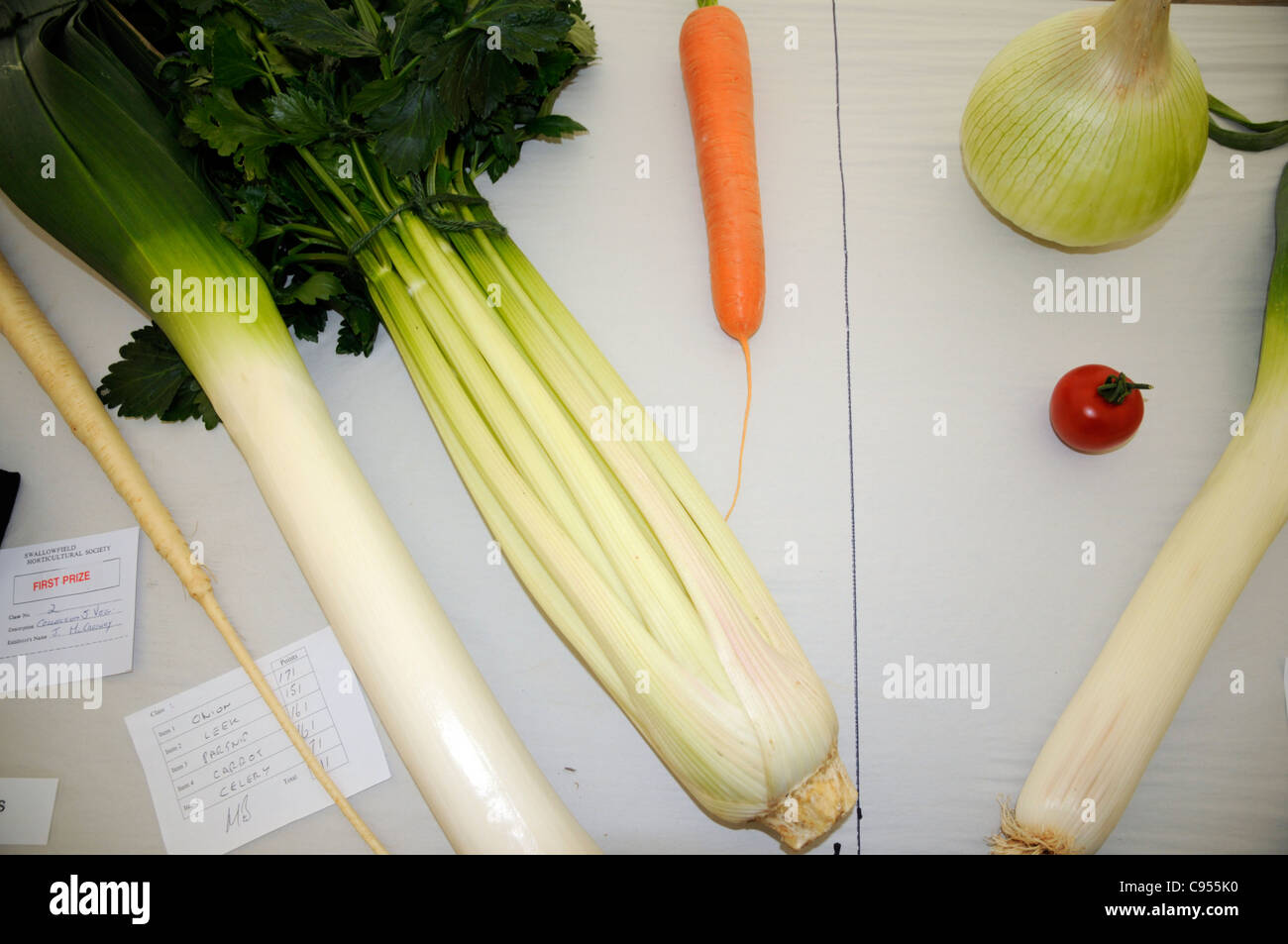 Gemüse auf dem Display für Wettbewerb im Land zeigen, UK. Stockfoto