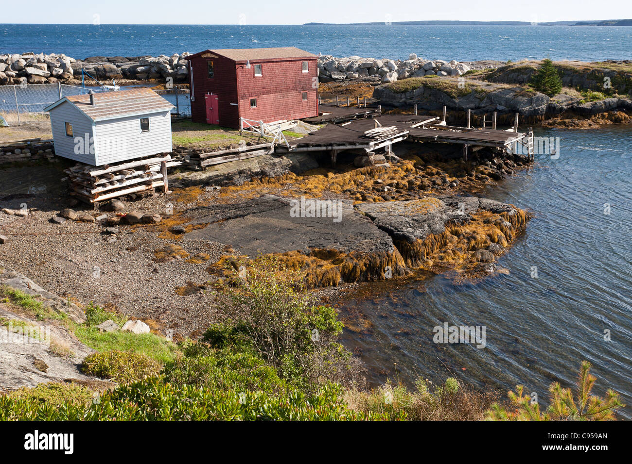 Blaue Grotte Hafen Angeln. Alte Holzbauten und eine alte Wharf mit dem Ozean hinaus. Blaue Grotte, Nova Scotia, Kanada Stockfoto