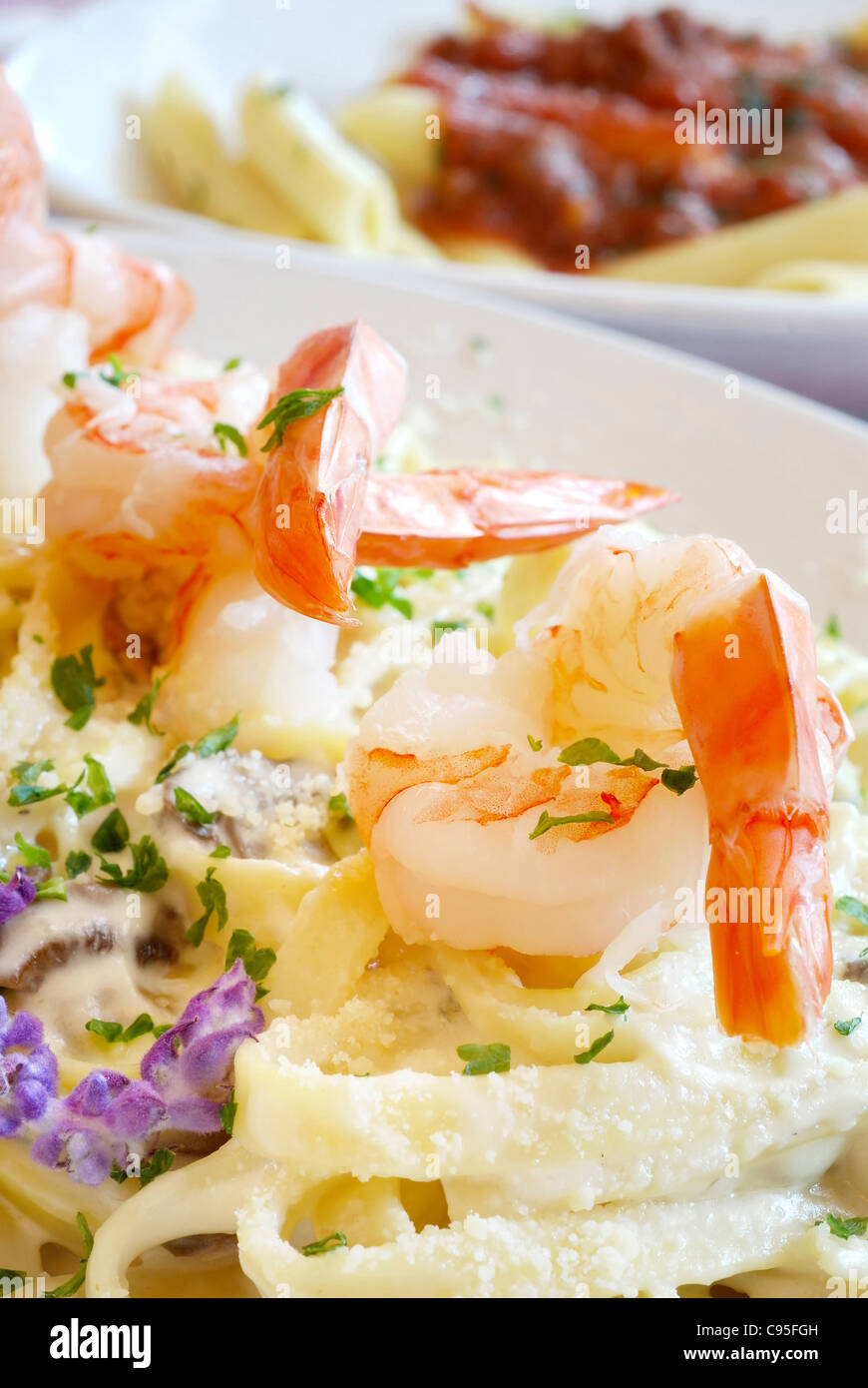 Garnelen Sie auf einem Teller mit Fettuccini Alfredo im restaurant Stockfoto