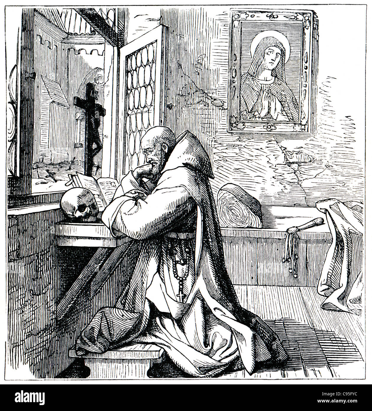 Alte Stiche. Zeigt einen betenden Mönch. Das Buch "History of the Church", 1880 Stockfoto