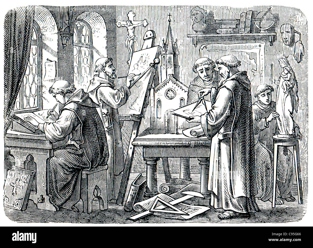 Alte Stiche. Mönche bei der Arbeit zeigt. Das Buch "History of the Church", 1880 Stockfoto