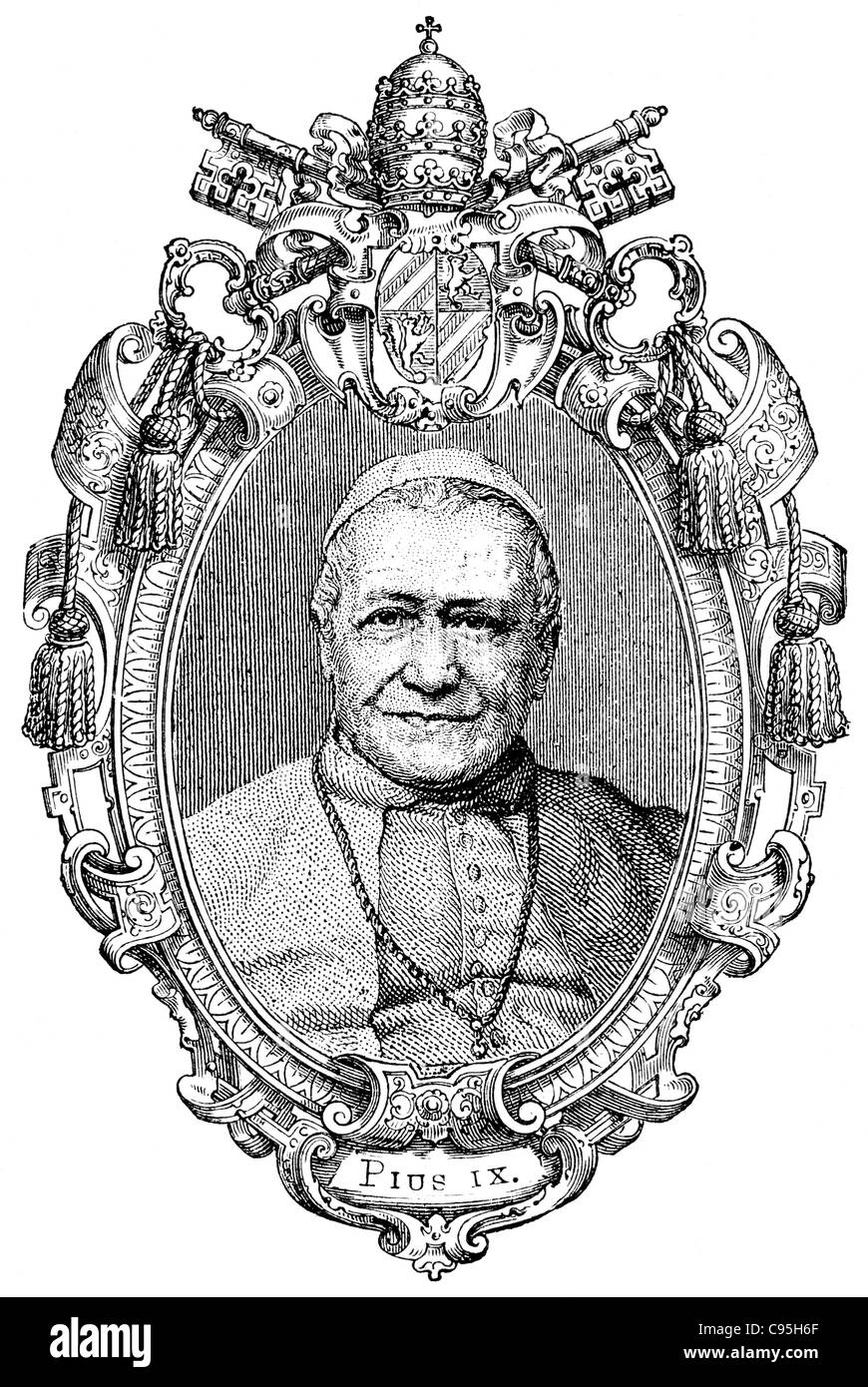 Alte Stiche. Zeigt der selige Papst Pius IX. Das Buch "History of the Church", 1880 Stockfoto