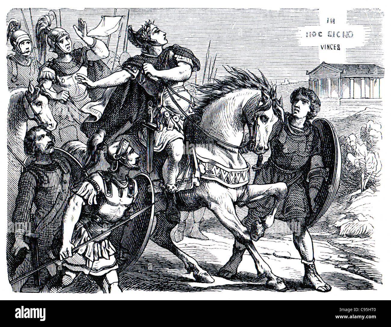 Alte Stiche. Konstantin der große und die Vision eines Kreuzes zeigt am Himmel. Das Buch "History of the Church", 1880 Stockfoto