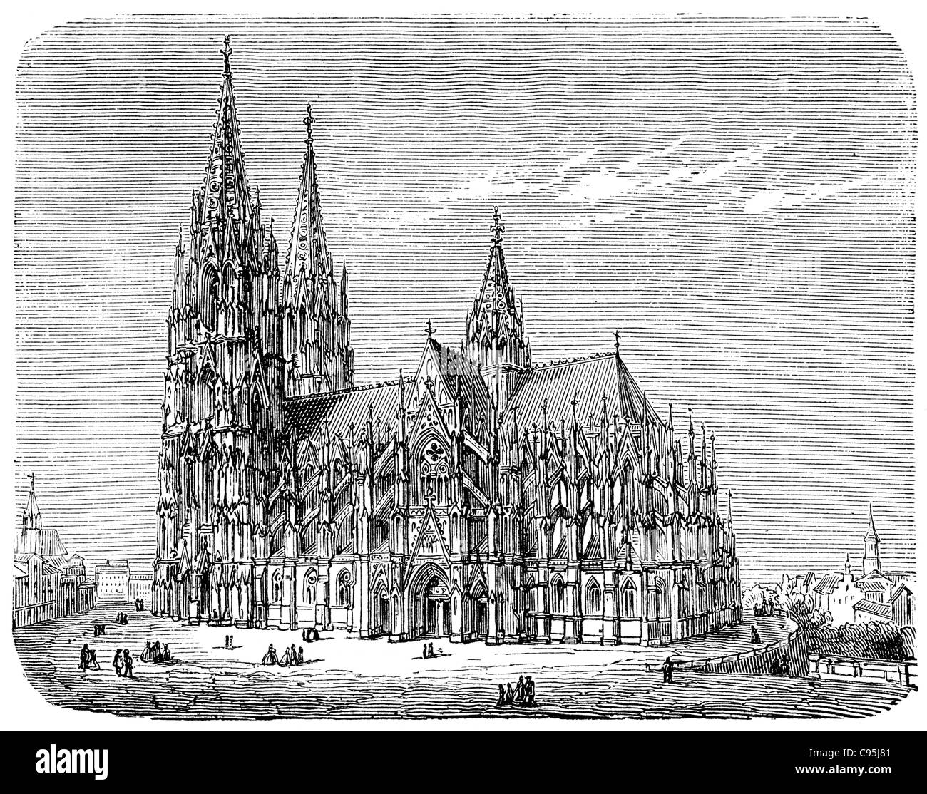 Alte Stiche. Zeigt den Kölner Dom (hohe Kathedrale von St. Peter und Maria). Das Buch "History of the Church", 1880 Stockfoto
