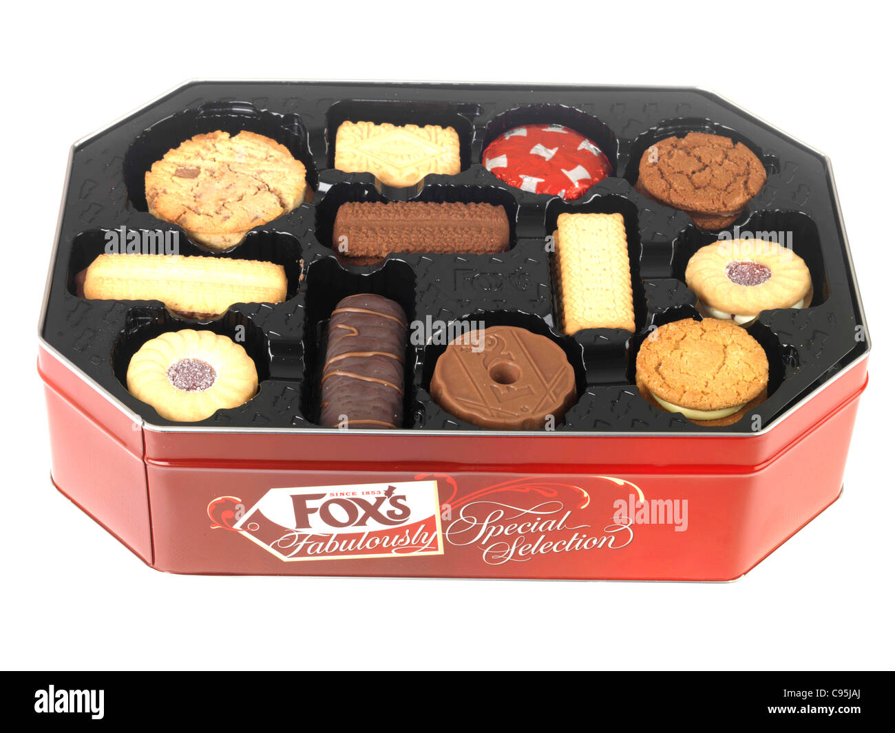 Rot Zinn der Marke Fox's Kekse Auswahl gegen einen weißen Hintergrund mit Freistellungspfaden und keine Leute isoliert Stockfoto