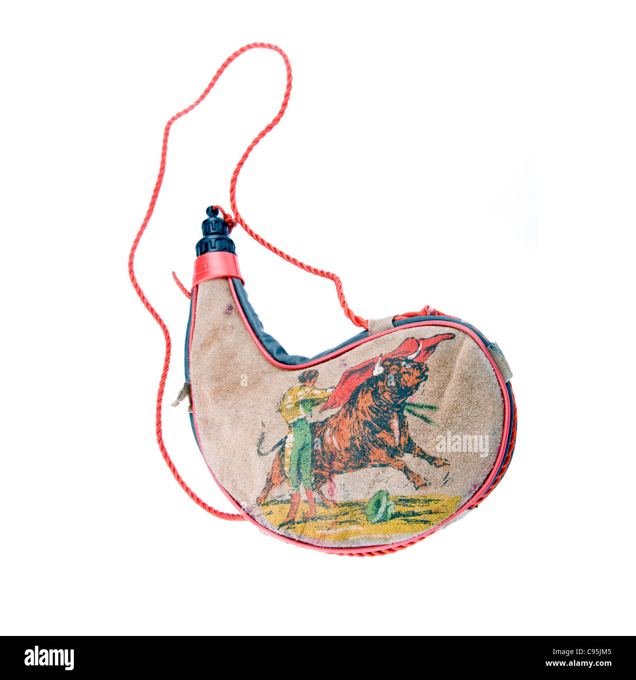 Schöne alte spanische Wein Bota oder Wasserflasche mit Abbildung des bull Fighting drauf Stockfoto