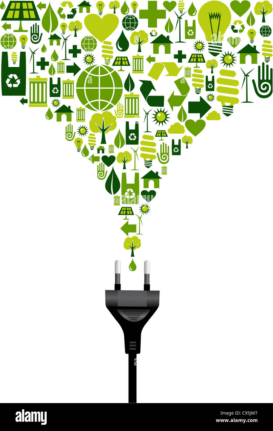 Ökologische Symbole inmitten Splash Grün von elektrischer Energie Zündkabel auf weißem Hintergrund. Vektor-Datei zur Verfügung. Stockfoto